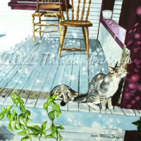 2022-04-23 Dappled Light - watercolor on paper. Painting of two cats on a porch.