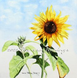 Watercolor painting of a large sunflower and bud on another stem